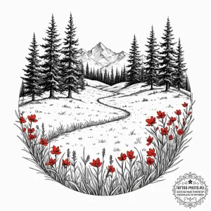 Tattoo design: a landscape of a serene meadow... - эскиз тату (№1753615796_0, 27.07.2025 11:29) — tattoo-photo.ru
