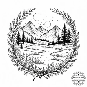 Tattoo design: a landscape of a serene meadow... - эскиз тату (№1753616195_0, 27.07.2025 11:36) — tattoo-photo.ru