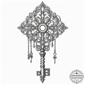 Tattoo sketch a single, ancient key with intr... - эскиз тату (№1753617385_0, 27.07.2025 11:56) — tattoo-photo.ru