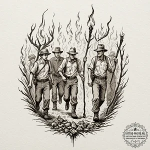 A graphic novel panel of a mob with torches a... - эскиз тату (№1753620243_0, 27.07.2025 12:44) — tattoo-photo.ru