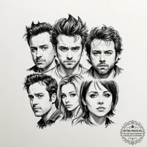 A watercolor sketch of the main characters fr... - эскиз тату (№1753626721_0, 27.07.2025 14:32) — tattoo-photo.ru