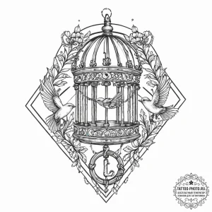 Tattoo sketch a key unlocking a birdcage, wit... - эскиз тату (№1753630988_0, 27.07.2025 15:43) — tattoo-photo.ru