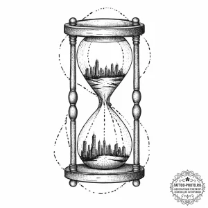An hourglass filled with city dust instead of... - эскиз тату (№1753632407_0, 27.07.2025 16:06) — tattoo-photo.ru