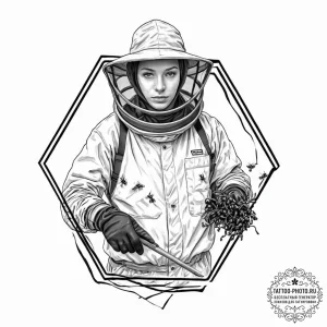 A portrait of a beekeeper holding a frame swa... - эскиз тату (№1753638444_0, 27.07.2025 17:47) — tattoo-photo.ru