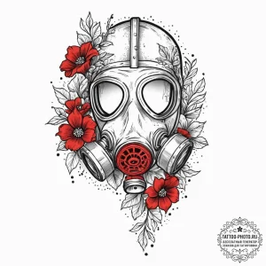 Gas mask with flowers growing through the fil... - эскиз тату (№1753644719_0, 27.07.2025 19:31) — tattoo-photo.ru