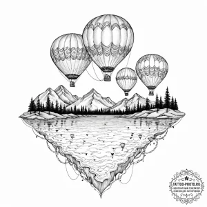 A group of hot air balloons reflected in a ca... - эскиз тату (№1753654218_0, 27.07.2025 22:10) — tattoo-photo.ru