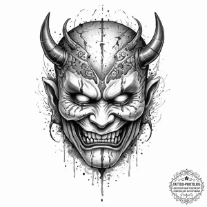 An oni mask cracking to reveal a human face,... - эскиз тату (№1753655616_0, 27.07.2025 22:33) — tattoo-photo.ru