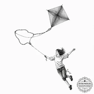 A person flying a kite on a windy day., artis... - эскиз тату (№1753656212_0, 27.07.2025 22:43) — tattoo-photo.ru