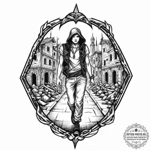Tattoo sketch a shadowy figure of a rogue or... - эскиз тату (№1753656610_0, 27.07.2025 22:50) — tattoo-photo.ru