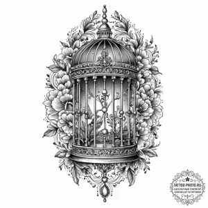 Tattoo design a small, ornate birdcage with i... - эскиз тату (№1753659985_0, 27.07.2025 23:46) — tattoo-photo.ru