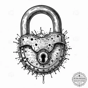 A detailed shot of an old, rusted padlock., t... - эскиз тату (№1753660180_0, 27.07.2025 23:49) — tattoo-photo.ru