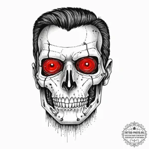 Trash polka portrait of the t-800, half flesh... - эскиз тату (№1753665175_0, 28.07.2025 01:12) — tattoo-photo.ru