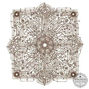 A close-up of a circuit board, showing the in... - эскиз тату (№1753665757_0, 28.07.2025 01:22) — tattoo-photo.ru