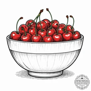 A bowl of ripe, red cherries., artistic tatto... - эскиз тату (№1753666537_0, 28.07.2025 01:35) — tattoo-photo.ru
