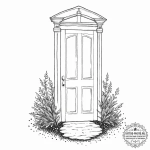 A door standing alone in a field, tattoo sket... - эскиз тату (№1753667119_0, 28.07.2025 01:45) — tattoo-photo.ru