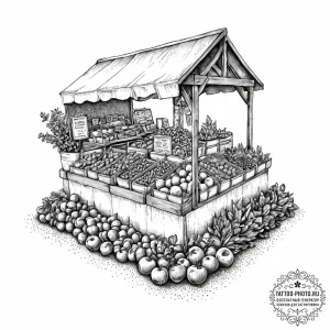 A shot of a farmer's market stall, overflowin... - эскиз тату (№1753668910_0, 28.07.2025 02:15) — tattoo-photo.ru