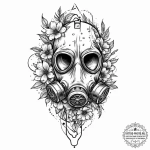 Gas mask with flowers growing through the fil... - эскиз тату (№1753676484_0, 28.07.2025 04:21) — tattoo-photo.ru