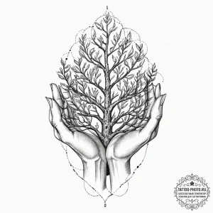 Tattoo design a gnarled, ancient hand gently... - эскиз тату (№1753678252_0, 28.07.2025 04:50) — tattoo-photo.ru