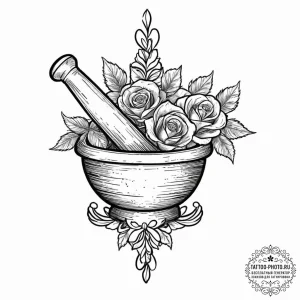 A detailed shot of spices in a mortar and pes... - эскиз тату (№1753678445_0, 28.07.2025 04:54) — tattoo-photo.ru