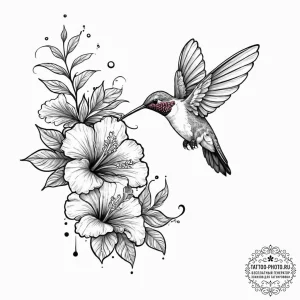 A hummingbird drinking from a hibiscus flower... - эскиз тату (№1753680054_0, 28.07.2025 05:20) — tattoo-photo.ru
