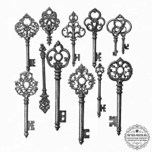 A collection of old, rusty keys., ink illustr... - эскиз тату (№1753680446_0, 28.07.2025 05:27) — tattoo-photo.ru