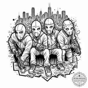 A graphic novel panel of the bank robbery sce... - эскиз тату (№1753690712_0, 28.07.2025 08:18) — tattoo-photo.ru