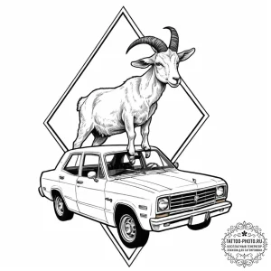 A curious goat standing on the roof of a car.... - эскиз тату (№1753696657_0, 28.07.2025 09:57) — tattoo-photo.ru