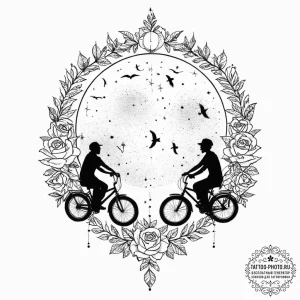 A linework tattoo of the kids on their bikes,... - эскиз тату (№1753698020_0, 28.07.2025 10:20) — tattoo-photo.ru