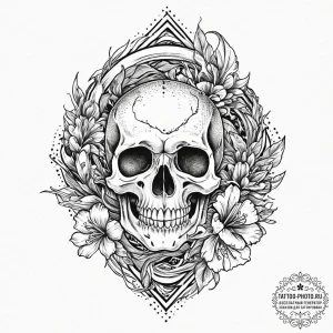 A skull used as an inkwell with a quill, tatt... - эскиз тату (№1753706971_0, 28.07.2025 12:49) — tattoo-photo.ru