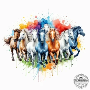 A herd of wild horses galloping across a gras... - эскиз тату (№1753712698_0, 28.07.2025 14:24) — tattoo-photo.ru