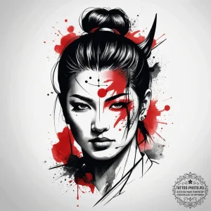 Samurai, artistic tattoo sketch, trash polka... - эскиз тату (№1753738786_0, 28.07.2025 21:39) — tattoo-photo.ru