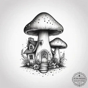 Tattoo design a whimsical mushroom house., in... - эскиз тату (№1753738979_0, 28.07.2025 21:42) — tattoo-photo.ru