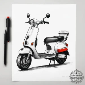 A modern, electric scooter parked on a city s... - эскиз тату (№1753739758_0, 28.07.2025 21:55) — tattoo-photo.ru