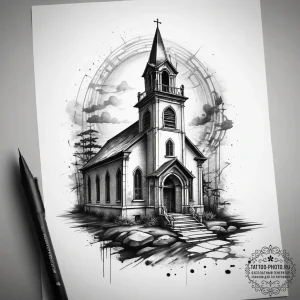 The inside of an old, abandoned church, with... - эскиз тату (№1753745441_0, 28.07.2025 23:30) — tattoo-photo.ru
