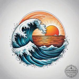 Tattoo design a wave and a sun, representing... - эскиз тату (№1753751063_0, 29.07.2025 01:04) — tattoo-photo.ru