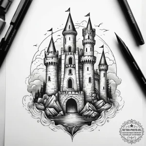 Medieval castle siege, concept art for tattoo... - эскиз тату (№1753752618_0, 29.07.2025 01:30) — tattoo-photo.ru
