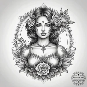 Tattoo design a graceful virgo maiden, holdin... - эскиз тату (№1753754173_0, 29.07.2025 01:56) — tattoo-photo.ru