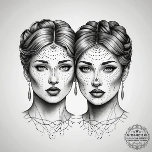 Tattoo sketch gemini faces in detailed dotwor... - эскиз тату (№1753755531_0, 29.07.2025 02:18) — tattoo-photo.ru