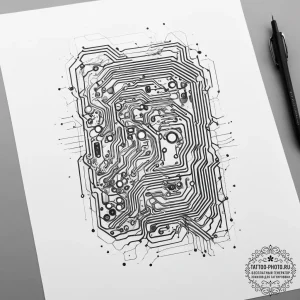 A close-up of a circuit board, showing the in... - эскиз тату (№1753762562_0, 29.07.2025 04:16) — tattoo-photo.ru