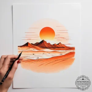 A desert landscape at sunset, the sand dunes... - эскиз тату (№1753764912_0, 29.07.2025 04:55) — tattoo-photo.ru