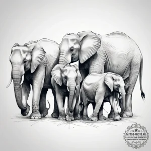 A family of elephants walking in a line towar... - эскиз тату (№1753765497_0, 29.07.2025 05:04) — tattoo-photo.ru