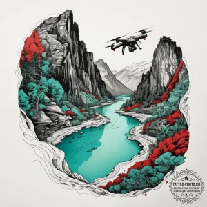 An aerial drone shot of a vibrant turquoise r... - эскиз тату (№1753769017_0, 29.07.2025 06:03) — tattoo-photo.ru