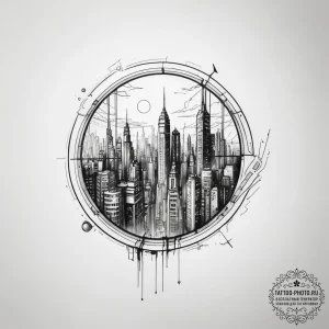 A window looking out onto a cyberpunk city - эскиз тату (№1753769991_0, 29.07.2025 06:19) — tattoo-photo.ru