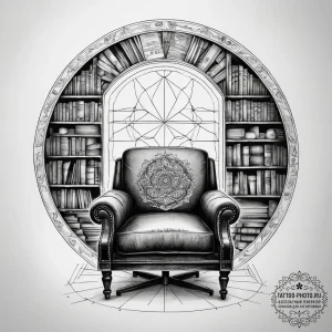 A quiet corner of a used bookstore, with over... - эскиз тату (№1753773107_0, 29.07.2025 07:11) — tattoo-photo.ru