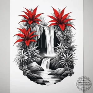 A hidden waterfall cascading into a lush, tro... - эскиз тату (№1753775234_0, 29.07.2025 07:47) — tattoo-photo.ru