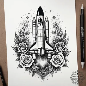 Tattoo sketch a stylized space shuttle taking... - эскиз тату (№1753775820_0, 29.07.2025 07:57) — tattoo-photo.ru