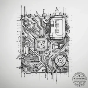 A close-up of a computer motherboard., concep... - эскиз тату (№1753776785_0, 29.07.2025 08:13) — tattoo-photo.ru