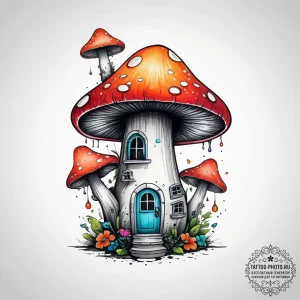 Tattoo design a whimsical mushroom house., in... - эскиз тату (№1753781064_0, 29.07.2025 09:24) — tattoo-photo.ru