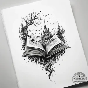 A book with a fantasy world growing from its... - эскиз тату (№1753781454_0, 29.07.2025 09:30) — tattoo-photo.ru