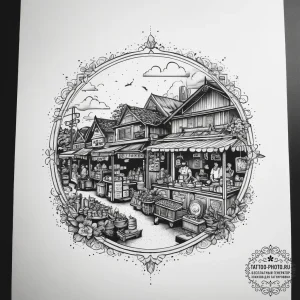 A bustling, chaotic street market in bangkok,... - эскиз тату (№1753800318_0, 29.07.2025 14:45) — tattoo-photo.ru